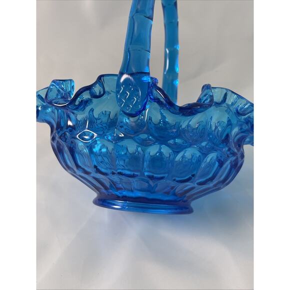 VTG FENTON Colonial Blue Thumbprint DBL Ruffle Basket Candy Dish 8"x7" - Picture 5 of 8